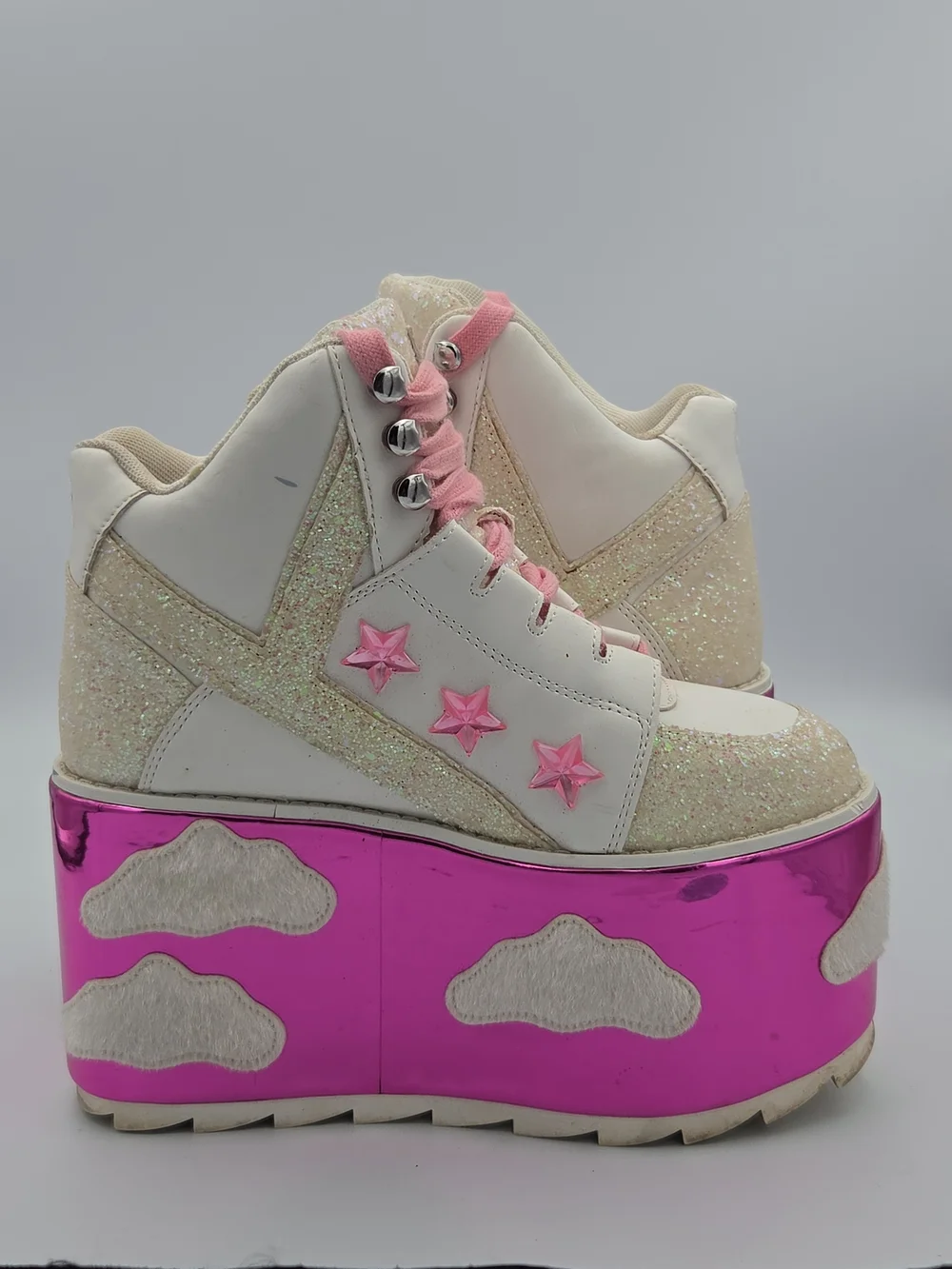 YRU Pink Glitter Cloud Platform Sneakers with Star Accents Size 7